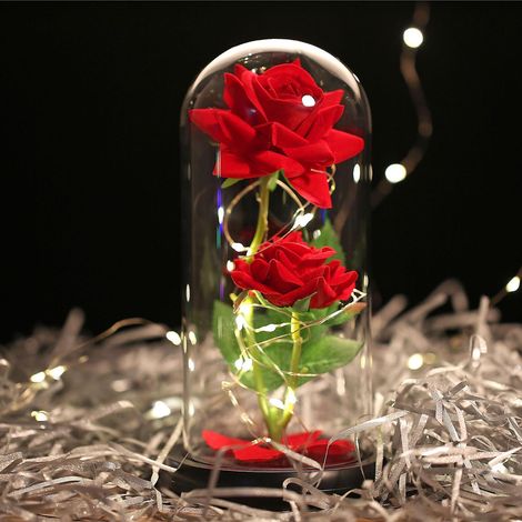 Roses d'Éternité - Rose dorée sous cloche en verre avec LED - Rose réaliste en tissu doux avec effet lumineux - Lot de 4 - Pour une décoration intérieure romantique (rouge) (1/4)
