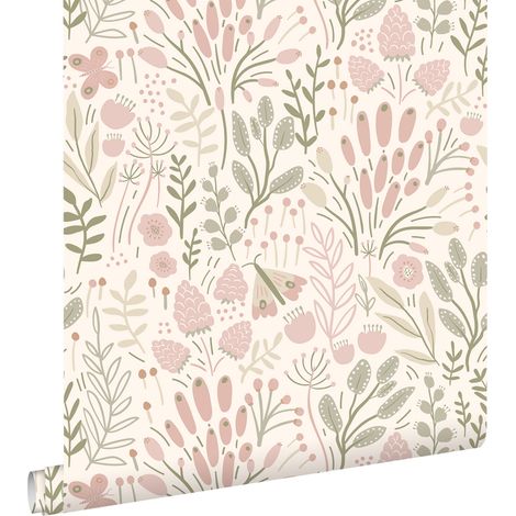 papier peint feuilles et fleurs blanc et rose clair - ESTAhome (1/5)