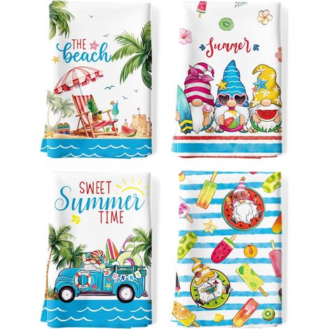 Lot de 4 Torchons de Cuisine Plage D'été Décoratif Essuie Main Absorbante 100% Coton Torchon Vaisselle Saisonnier Cadeaux pour Crémaillère et Cuisine 48 cm x 70 cm (1/5)