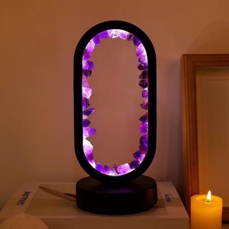 Lampe de nuit cristal améthyste brute elliptique, lumière naturelle de guérison, base USB, 3 couleurs, lampe chevet et bureau pour chambre à coucher (1/5)