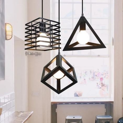 E27 Lustre Suspension Edison Géométrique Lampe Luminaire Métal pour Cuisine Chambre Noir (1/4)