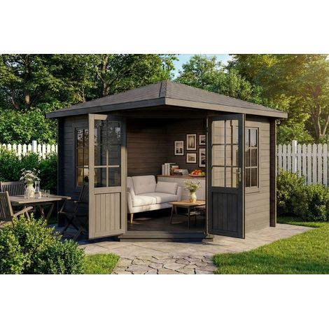Alpholz 5-Eck Gartenhaus Modell Monica Gartenhaus aus Holz in Grau, Holzhaus mit 40 mm Wandstärke, Blockbohlenhaus mit Montagematerial