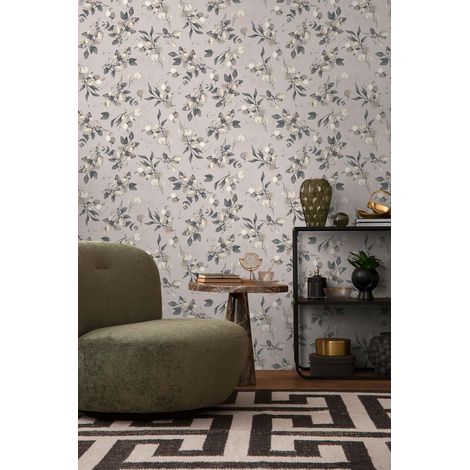 Papier peint fleur gris-beige, fond gris B397684 (1/4)