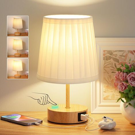 Lampe de Chevet Tactile avec Ports de Charge USB-C+A, Intensité Variable à 3 Voies, Abat-jour en Lin Blanc, Petite Lampe de Table pour Chambre Salon D'enfant Bureau(Ampoule Incluse) (1/5)