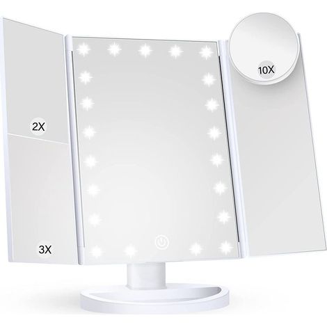 Miroir cosmétique Miroir cosmétique avec lumière grossissement 2X 3X 10X avec miroir cosmétique éclairé miroir cosmétique tactile pliable à trois volets miroir cosmétique portable à LED double aliment (1/5)