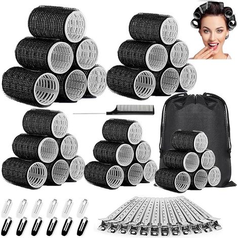 56 Pièces Bigoudis Cheveux avec Clips & Peigne, 5 Tailles Rouleau Cheveux Heatless, Tool Curling Coiffure DIY, Rouleaux Noir Sans Chaleur pour Longs, Moyens, Courts (25mm/32mm/40mm/48mm/55mm) (1/5)
