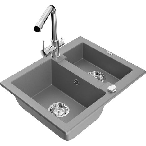 Mexen Carlos fregadero de granito de 1,5 senos con grifo de cocina Duero, gris - 6518-71-671600-00 (1/5)