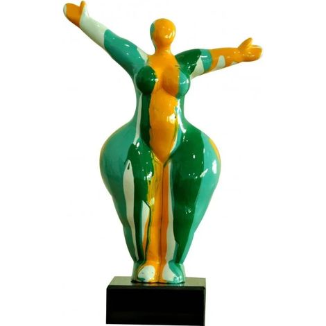 Statue femme bras levés coulures vert / orange H34 cm - LADY DRIPS 02