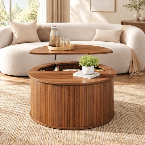 Tavolino rotondo elevabile con vano contenitore in MDF finitura noce OKWISH (1/5)