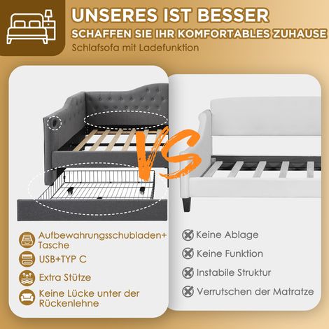 Canapé-lit convertible avec rangement, cadre de lit 90x190 cm gris lin, 2 tiroirs et port USB Type C (sans matelas)