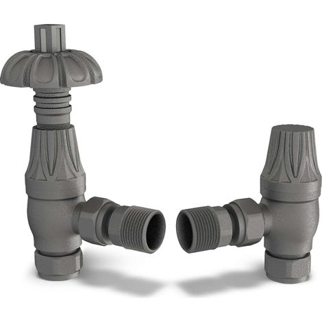 Signature Metal Head - Natural Pewter Thermostatic Radiator Valve & Lockshield Angled 15mm
