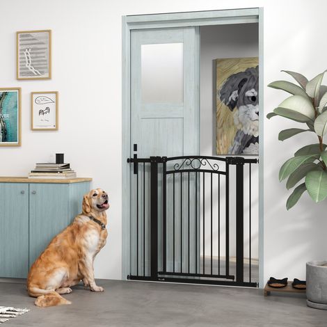Hundegitter mit verstellbarer Breite (76–104 cm), Sicherheitsbarriere mit 2 Verlängerungen und doppeltem Verriegelungsmechanismus, Schwarz (1/5)
