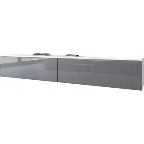 Mueble para TV de 180 cm para salón, 2 puertas, sin tiradores, blanco mate, gris brillante. (1/5)