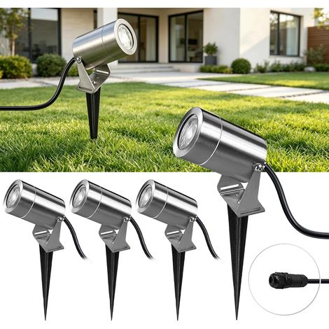Spot LED Extérieur, Étanche IP65 Spot Exterieur GU10 (4, Argent) Acier Inoxydable Spot avec 2 m Câble, GU10 5W 3000K Ampoule, avec Boîte de Dérivation Etanche IP68, avec Spike Ground (1/5)