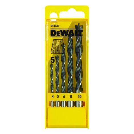 Dewalt – Coffret de 5 mèches à bois 3 pointes – Diamètres 4/5/6/8/10 mm – Pointe de centrage pour perçage net – Acier chrome-vanadium