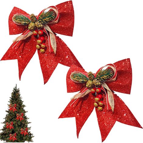 Set mit 2 roten Weihnachtsschleifen, große Paillettenschleifen, Weihnachtsbaumschmuck (21 x 24 cm) (1/5)