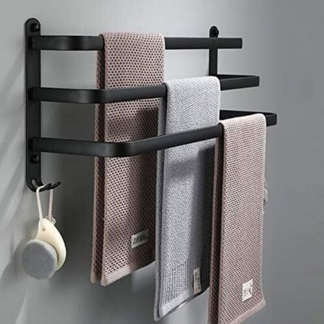 Porte Serviettes Salle de Bains, Noir Barres Porte Serviettes Mural Adhesif pour Douche et Cuisine, Étanche Barres Porte avec Crochet (40cm, Three Bars) (1/4)