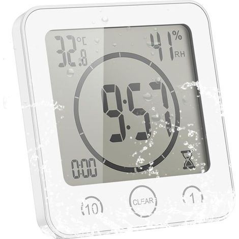 Badezimmeruhr, digitaler LCD-Wecker mit wasserdichter Touch-Funktion für Dusche, Temperatur- und Feuchtigkeitsanzeige, Countdown-Timer, 3 Montagemöglichkeiten, batteriebetrieben (Weiß)