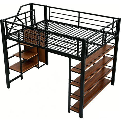 Cama alta metálica negra 140x200 con escalera de almacenaje, armario y estantes (1/5)