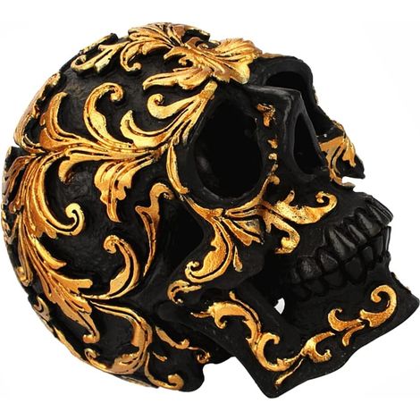 Halloween-Totenkopf-Dekoration – Kleine schwarze und goldene Totenkopf-Dekoration aus Kunstharz – Realistischer Totenkopf – Halloween-Dekoration – Totenkopf für Halloween, Bar, Zuhause, Tischdekoratio (1/4)