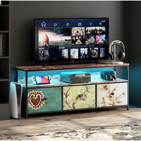 Meuble TV avec LED,Armoire TV de salon avec 3 tiroirs, tiroirs en tissu et structure en métal,108 x 29.8 x 57 cm,MDF, tissu coloré