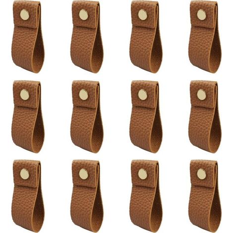 12 Pièces Poignee Cuir Marron PU Poignée de Tiroir en Cuir Poignées de Placard avec Vis Accessoires pour Meubles, Cuisine, Salle Bain Armoires Cabinet, Garde-Robe Commode, (1/4)