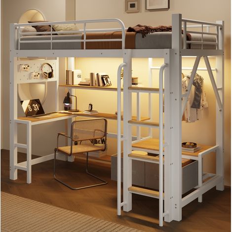 Cama alta 90x200 cm blanca de metal y MDF con escritorio, almacenaje, LED y puertos USB (1/5)
