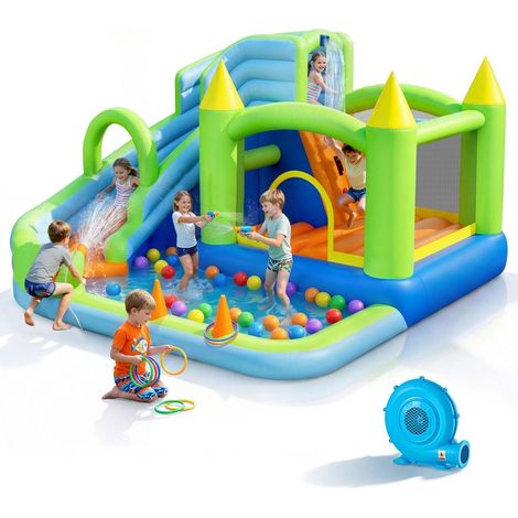 Amusement aquatique château gonflable aire de jeux avec toboggan piscine panier basket et souffleur pour 3-4 enfants 3-8 ans (1/5)