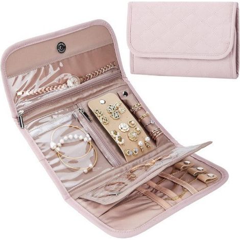 (Rose foncé) Boîte à bijoux en imitation daim enroulable, sac de voyage pliable et portable, pour ranger les boucles d'oreilles. (1/4)
