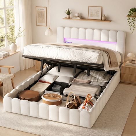 Lit coffre lin beige 160x200 cm, hydraulique, rangement sous lit, tête de lit LED avec rangement et ports USB, troncs d'arbre, sommier à lattes, style moderne