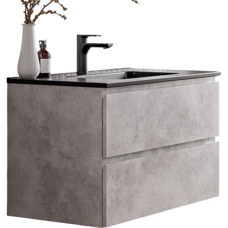 BERNSTEIN - Meuble vasque suspendu MDF Gris béton, lavabos Noir mat + trou robinet trop plein & Bonde - 80x46x50cm - AVA (1/5)