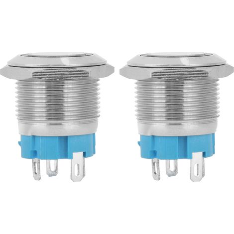 Interrupteur à bouton-poussoir instantané double, étanche IP65, 19 mm, tête plate, avec LED bleue intégrée, 4 broches, pour courant continu 12–24 V