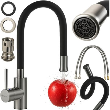 Robinet mitigeur de cuisine noir et argent avec bec flexible à 360°, cartouche en céramique et aérateur amovible pour une installation facile (1/5)