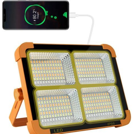 Wiederaufladbarer LED-Flutlichtstrahler, tragbare Arbeitsleuchte mit Solarpanel, USB-aufladbare Lampe, für Camping, Baustelle, Garage, Werkstatt (1/5)