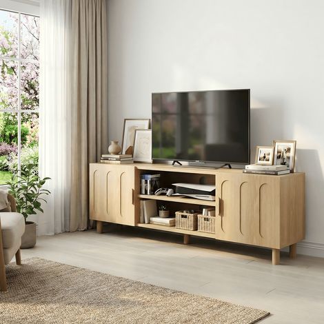 Meuble TV 140 cm – Pour écrans 55/65 pouces – Rangements intégrés – Console multimédia pour salon ou chambre – Couleur chêne- 140x40x46cm