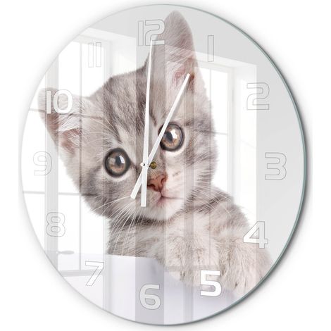 Horloge Murale Ronde Facile à Lire en Verre Silencieuse Salon Cuisine Bureau Chat gris fi 60 cm (1/5)