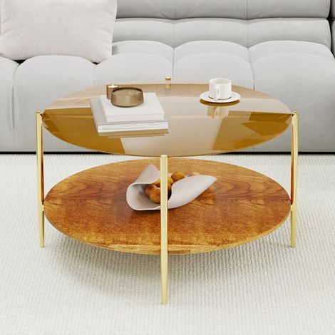 Table basse de salon ronde - 82x82x45 cm - 2 niveaux -plateau en verre trempé et étagère en bois - Style luxe moderne - Or et bois (1/5)