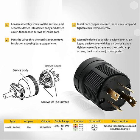 Connecteur/fiche verrouillable 30 A pour générateur, NEMA L14-30P et L14-30C, 125/250 V, tripolaire, 4 fils, avec mise à la terre, pièce de rechange électrique (1/5)