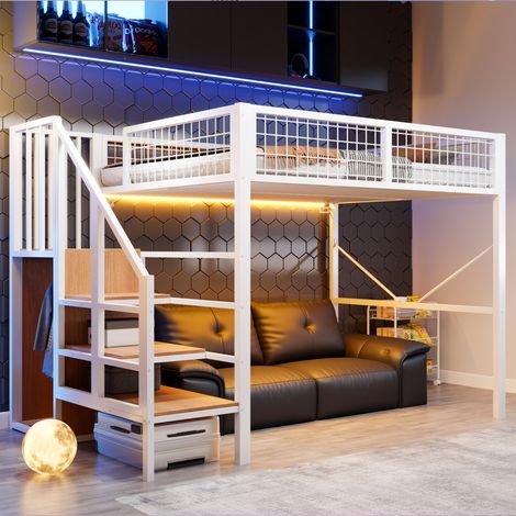 Metall-Hochbett 140 x 200 cm mit Stauraumtreppe, LED, Weiß REDOM (1/5)