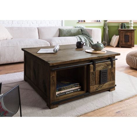Table basse 90x90x45 en bois de manguier laqué marron RAILWAY 3006