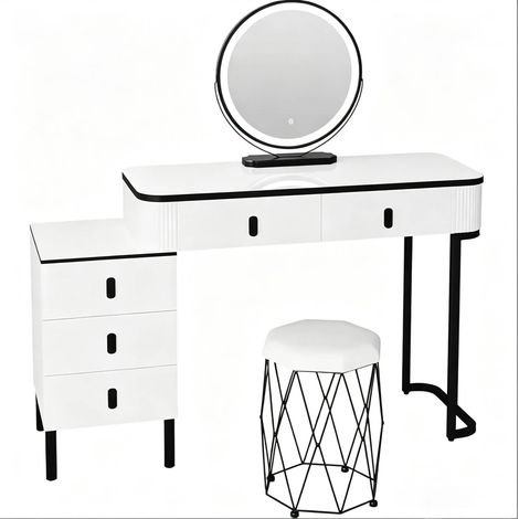 Coiffeuse avec miroir LED dimmable et tabouret, 5 tiroirs, grand rangement, meuble latéral réversible, 125 x 40 x 100 cm, blanc et noir - CHICFURN (1/5)