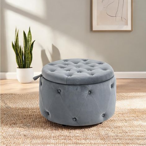 Pouf de rangement rond en tissu velours gris 60 x 40 cm (1/5)