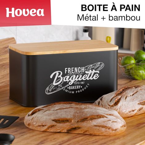 Boite à Pain Vintage « French Baguette » - 30 x 18 x 13,7 cm - Métal & Bambou - Avec Sac à Pain - Pour Baguettes, Pain de Mie, Biscottes - Rangement, Conservation - Noir - BP301
