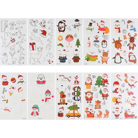 10 feuilles d'autocollants de Noël à motifs de dessins animés, veilleuses, autocollants corporels, accessoires de fête-13x6.5x0.2cm