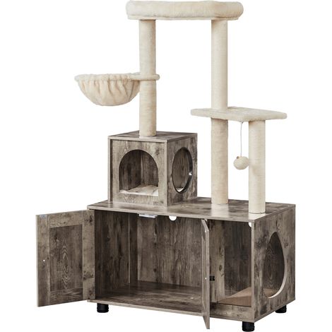Yaheetech Arbre à Chat avec Litière Maison pour Chat Table d'appoint avec Niche Panier Plateforme Cachettes Armoire Griffoir pour Chat 80 × 45 × 134,5 cm (Grège/Beige)