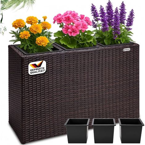 Bac à fleurs polyrotin gris 3 compartiments pot intérieur 83x30,5x60 cm pot de fleurs bac vertical intérieur extérieur Brun (1/7)
