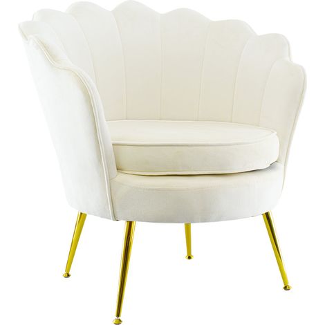 Poltrona Imbottita Schienale a Conchiglia in Velluto Piedi Oro Beige (1/5)