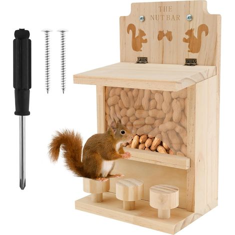 1 Mangeoire à écureuils, Bois, Couvercle amovible, Barre d'appui renforcée, Pour jardin, arbre, extérieur