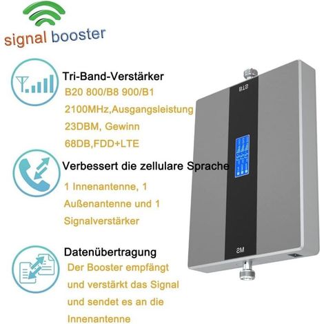 Amplificateur de signal de téléphone portable, amplificateur tri-bande tous les répéteurs LTE GSM 2G 3G 4G 800/900/2100 MHz, tous les fournisseurs de réseau gagnent plus de 68 dB (1/5)