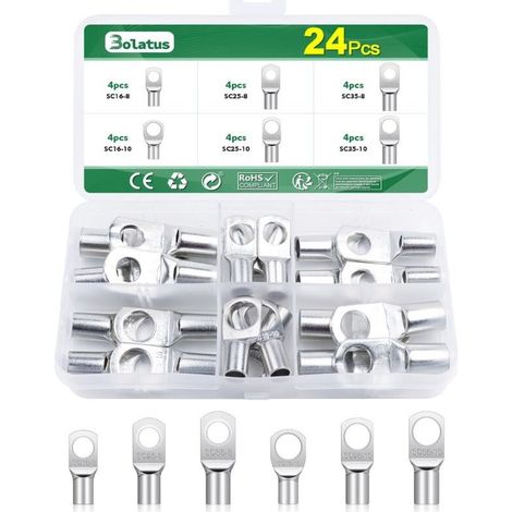Lot de 24 cosses tubulaires - 16 mm², 25 mm², 35 mm² - En cuivre étamé - Pour œillets de voiture M8 M10 (1/5)